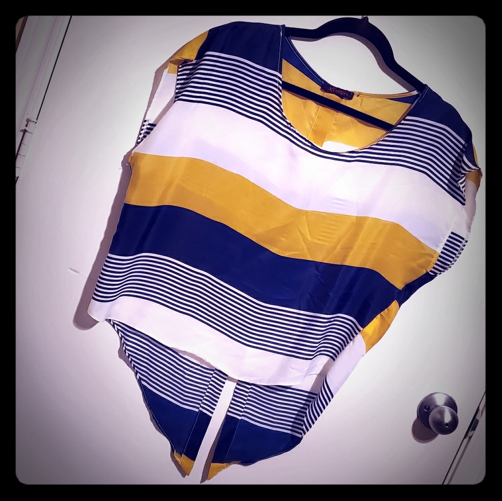 Xtaren Crop Navy & Yellow Striped Split Back Top